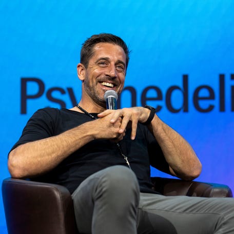 Aaron Rodgers speaks at the Psychedelic Science 2023 conference on how ayahuasca has helped him as an athlete.