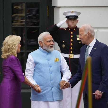 President Joe Biden and First Lady Jill Biden welcome Narendra Modi, the Prime Minister of India, during a state visit at the White House on June 21, 2023.