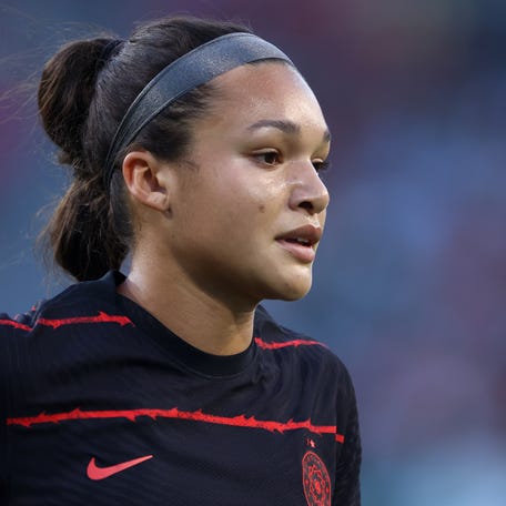 Aug 5, 2022; Portland, Oregon, USA; Portland Thorns FC forward Sophia Smith (9) looks on during the first half against the North Carolina Courage at Providence Park. Mandatory Credit: Craig Mitchelldyer-USA TODAY Sports ORG XMIT: IMAGN-486983 ORIG FILE ID:  20220805_ojr_sx3_035.JPG