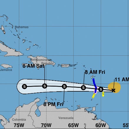 The forecast track of Tropical Storm Bret.