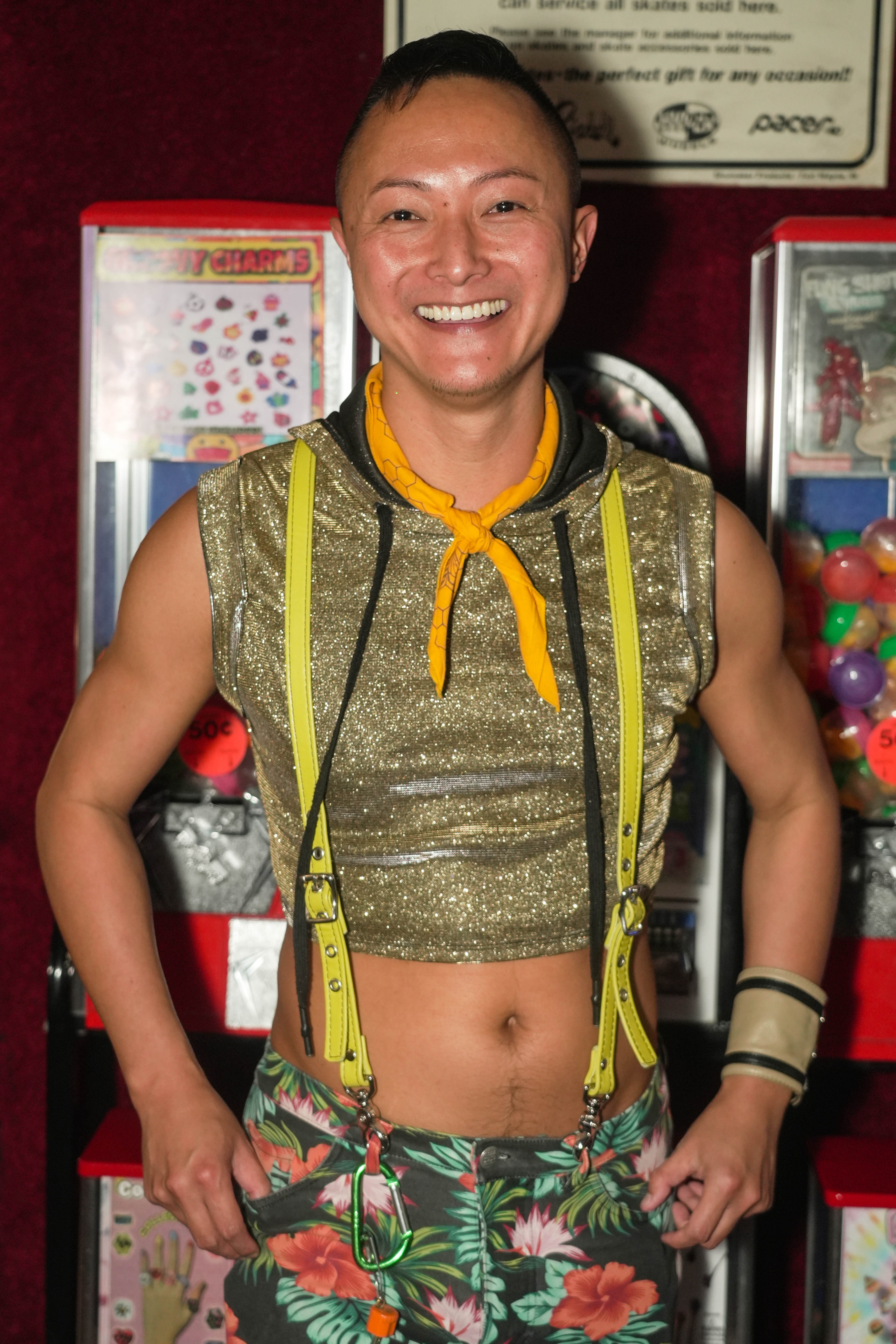 Frank Woo stands in front of the gumball machines at Moonlight Rollerway on Rainbow Skate Night. Rainbow Skate Night is the longest LGBTQ+-friendly skating event in Los Angeles County.