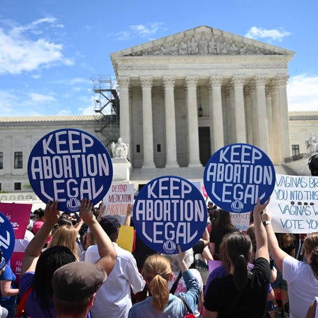 Demonstrators rally in support of abortion rights at the U.S. Supreme Court on April 15, 2023.