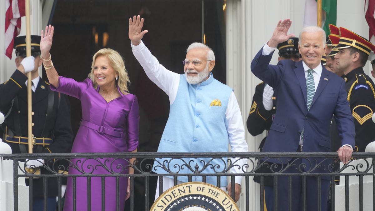 President Joe Biden and First Lady Jill Biden welcome Narendra Modi, the Prime Minister of India, during a state visit at the White House.