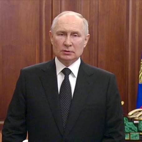 In this handout photo taken from video released by Russian Presidential Press Service, Russian President Vladimir Putin addresses the nation in Moscow, Russia, Saturday, June 24, 2023. (Russian Presidential Press Service via AP)
