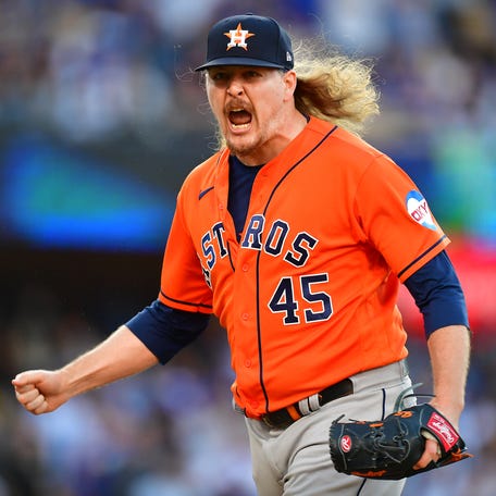 Houston Astros relief pitcher Ryne Stanek was not happy after being called for a balk.