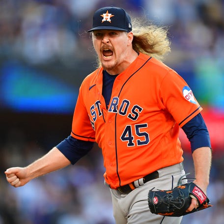 Houston Astros relief pitcher Ryne Stanek reacts after being issued a balk during Saturday's collapse against the Los Angeles Dodgers.