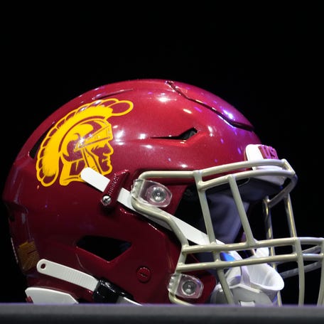 A detailed view of Southern California Trojans helmet during Pac-12 Media Day at Novo Theater.