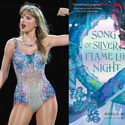 Taylor Swift in a "Lover" look from her Eras tour pairs well with Amélie Wen Zhao's "Song of Silver, Flame Like Night."