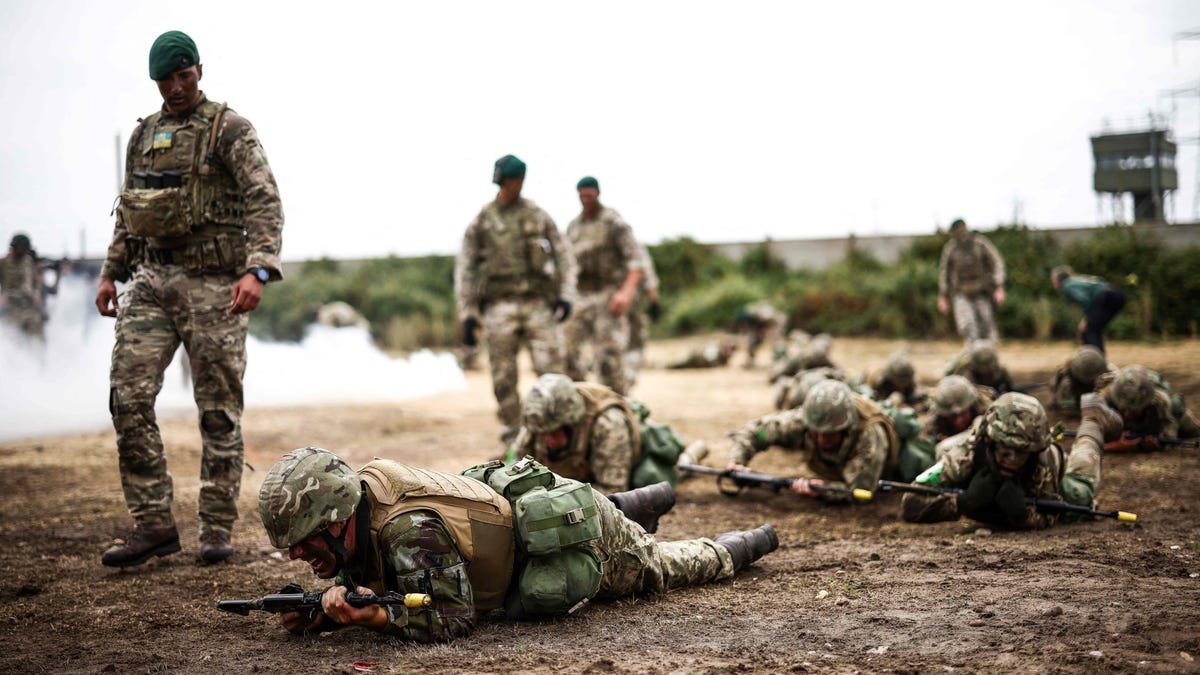 Ukraine Army recruits take part in a training session with members of Britain's Royal Marines on June 20, 2023.