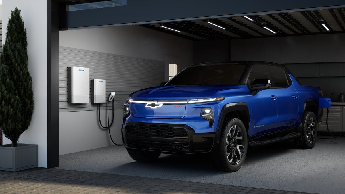 GM Energy's new Ultium Home products seen here with the 2024 Chevy Silverado EV.