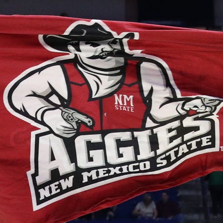 New Mexico State Aggies mascot on the court before the game against the Baylor Bears in the first round of the 2017 NCAA Tournament at BOK Center.