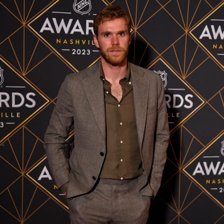 Edmonton Oilers forward Connor McDavid, shown on the red carpet before the 2023 NHL Awards at Bridgestone Arena, was voted the Hart Trophy for the third time.