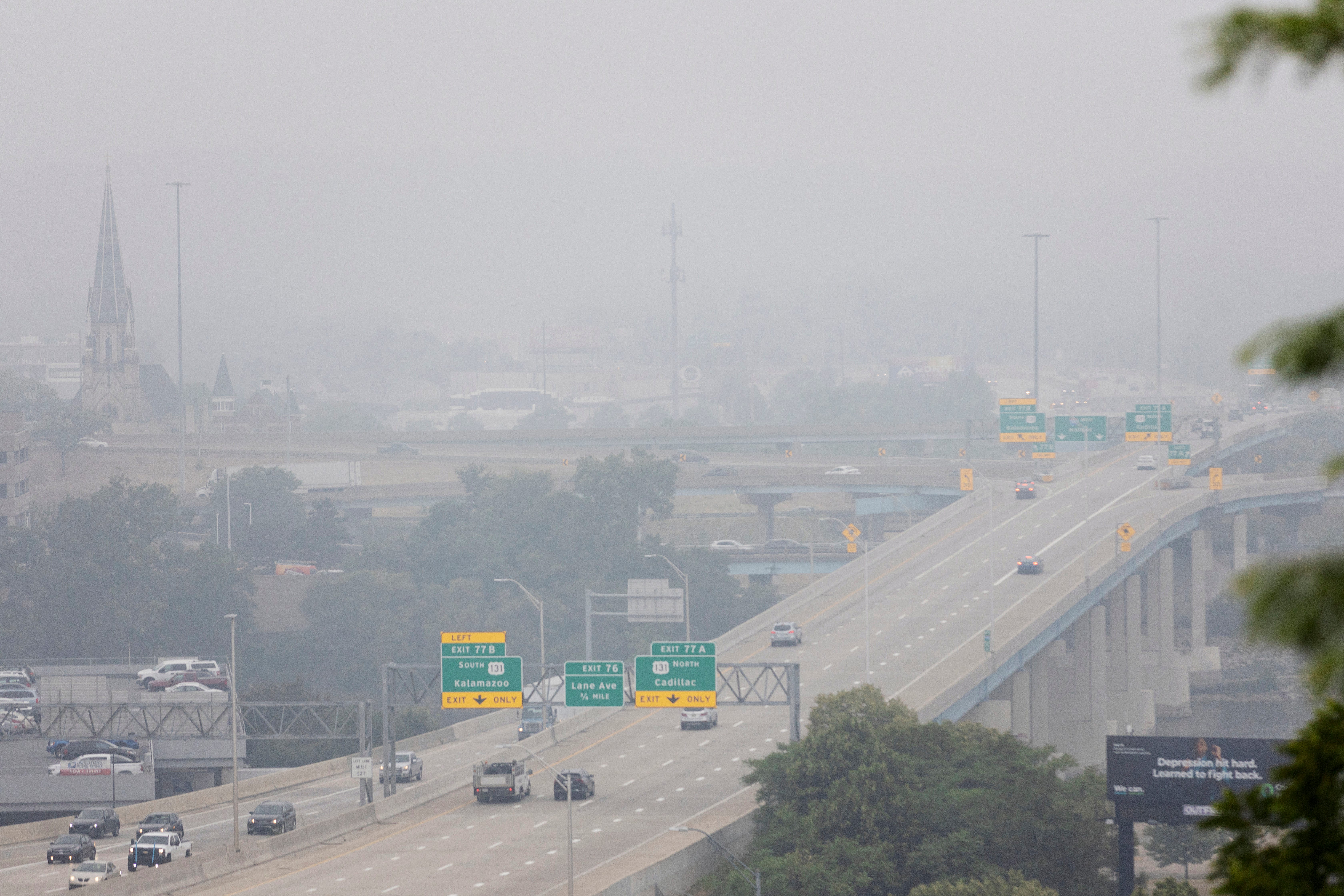 Smoke from wildfires in Canada blankets Grand Rapids, Mich., on Tuesday, June 27, 2023. The smoke is reducing visibility and air quality.