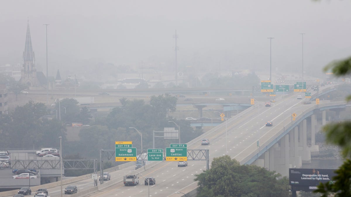 Smoke from wildfires in Canada blankets Grand Rapids, Mich., on Tuesday, June 27, 2023. The smoke is reducing visibility and air quality.