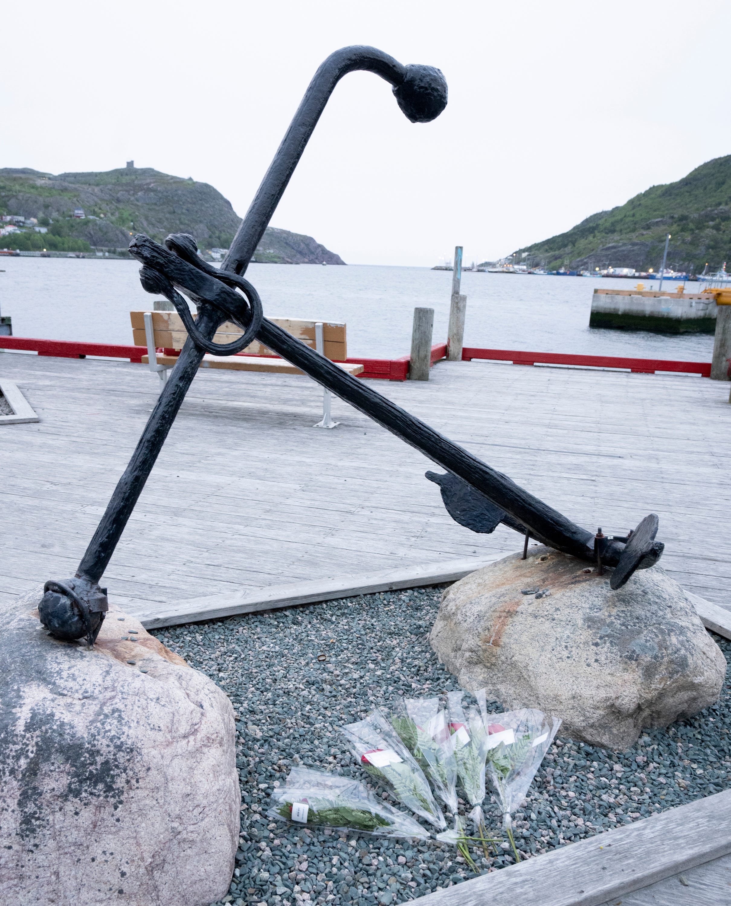 Five roses sit under a ceremonial anchor along the waterfront in St. John's, Newfoundland on Saturday June 24, 2023. Authorities from the U.S. and Canada began the process of investigating the cause of the fatal Titan submersible implosion even as they grappled with questions of who was responsible for determining how the tragedy unfolded.