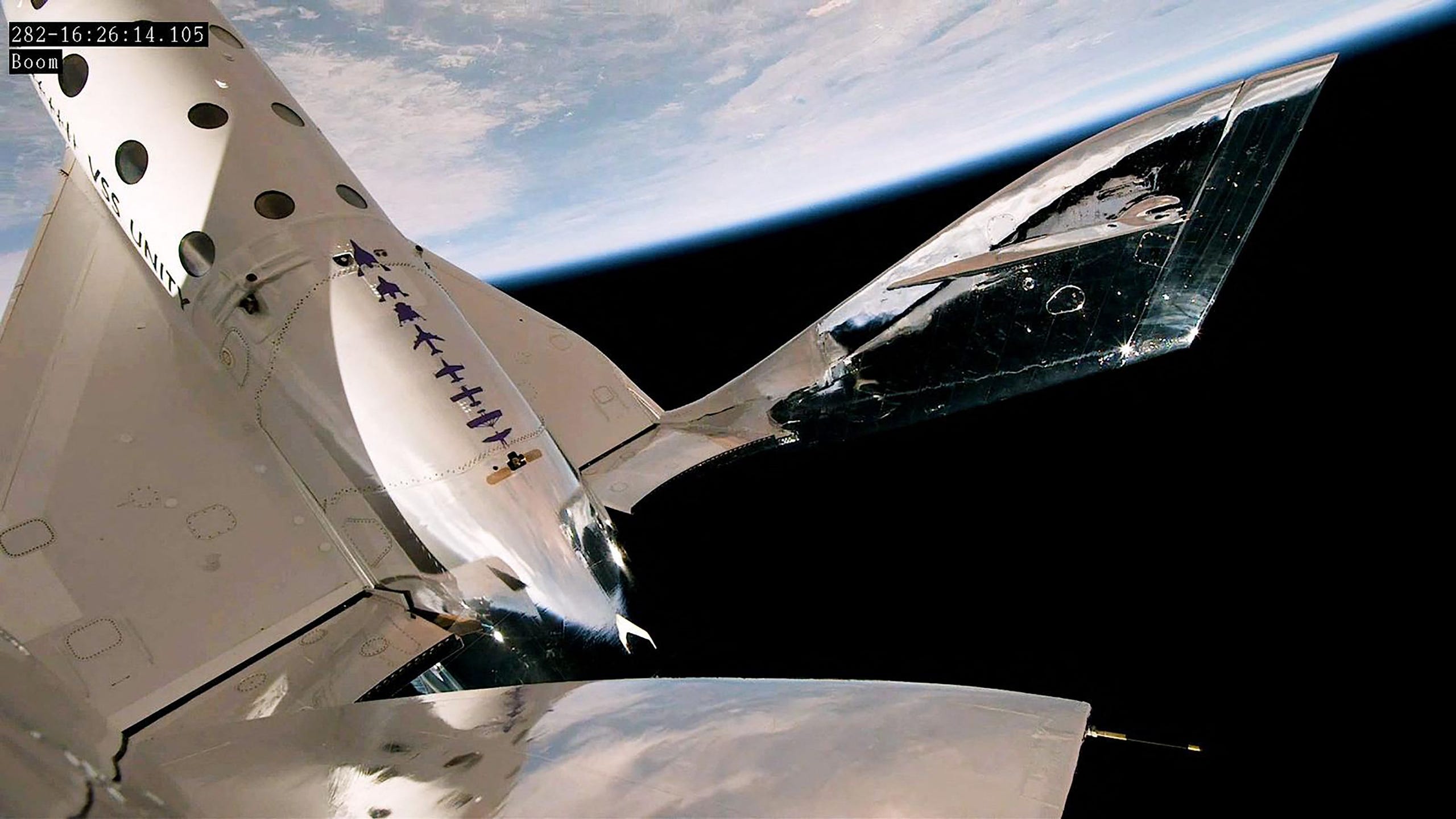 This image released by Virgin Galactic shows the company's Unity spacecraft during the May 25, 2023, Unity 25 mission. Virgin Galactic successfully carried out its first spaceflight in nearly two years on May 25, the company said, after an "enhancement period" to make safety upgrades to its fleet. It was the fifth time the space tourism company brushed the boundary of space, and has been billed as the final test before commercial operations can begin in late June, with members of the Italian Air Force as the first paying customers.