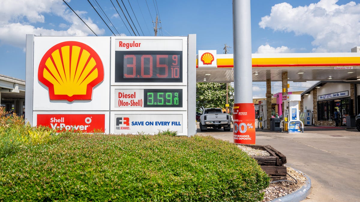 Shell gas station prices are seen on May 30, 2023 in Austin, Texas. Gas prices begin to rise nationally, but remain lower than prices around this time last year.