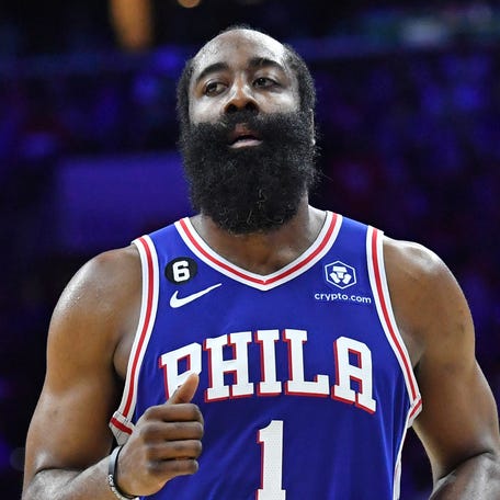 Philadelphia 76ers guard James Harden (1), shown during a playoff game against the Boston Celtics on May 7, 2023.