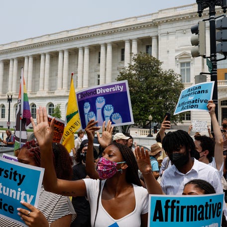 Supporters of affirmative action protest near the U.S. Supreme Court Building on Capitol Hill on June 29, 2023 in Washington, DC. In a 6-3 vote, Supreme Court Justices ruled that race-conscious admissions programs at Harvard and the University of North Carolina are unconstitutional, setting precedent for affirmative action in other universities and colleges.