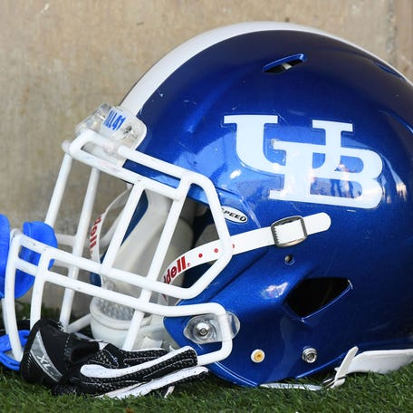 Oct 22, 2016; DeKalb, IL, USA; A detailed view of the Buffalo Bulls helmet before the game against the Northern Illinois Huskies at Huskie Stadium.