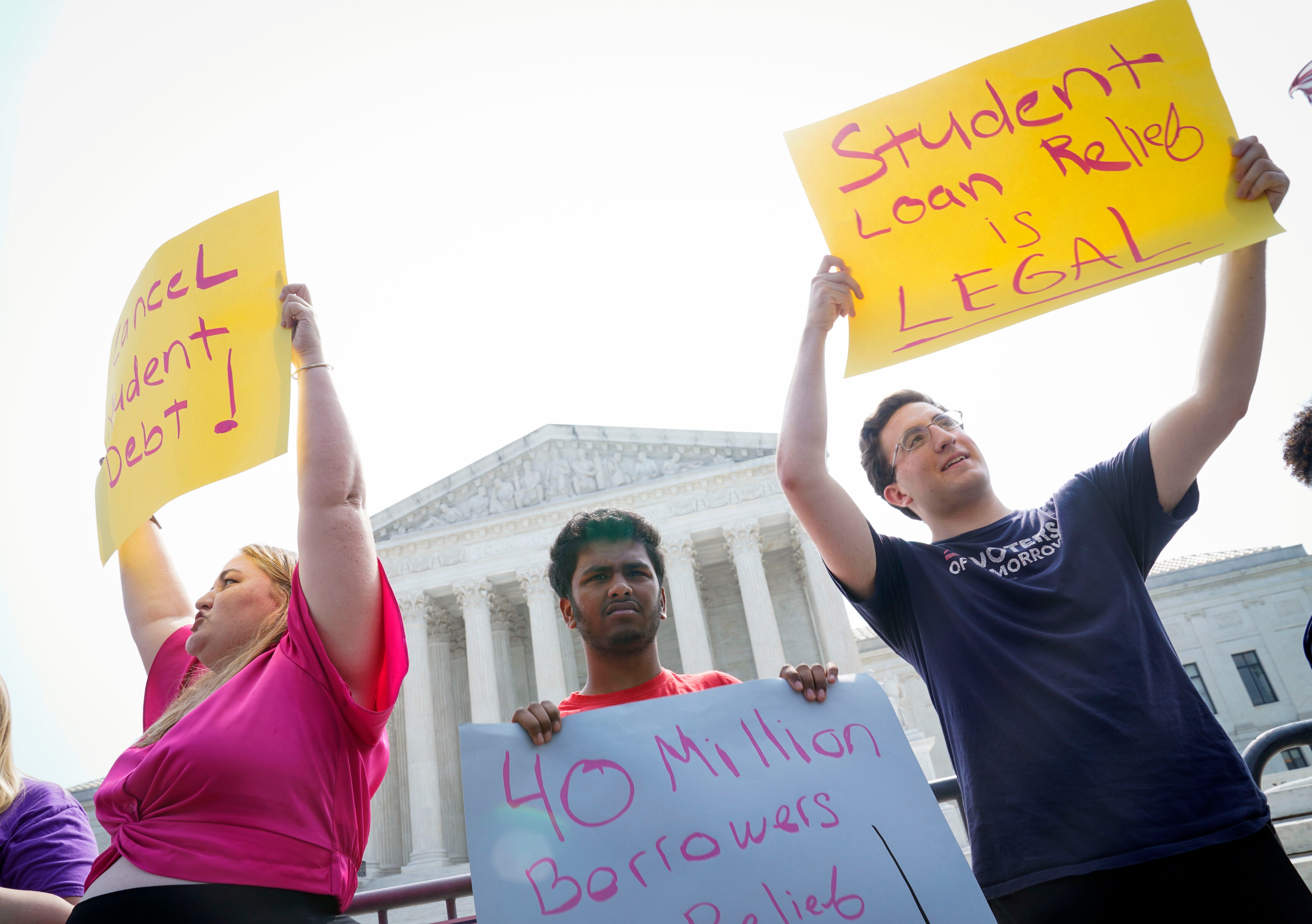 NextGen America student debt relief advocates listen and react as the Supreme Court released opinions on in the student loan cases on June 30, 2023.