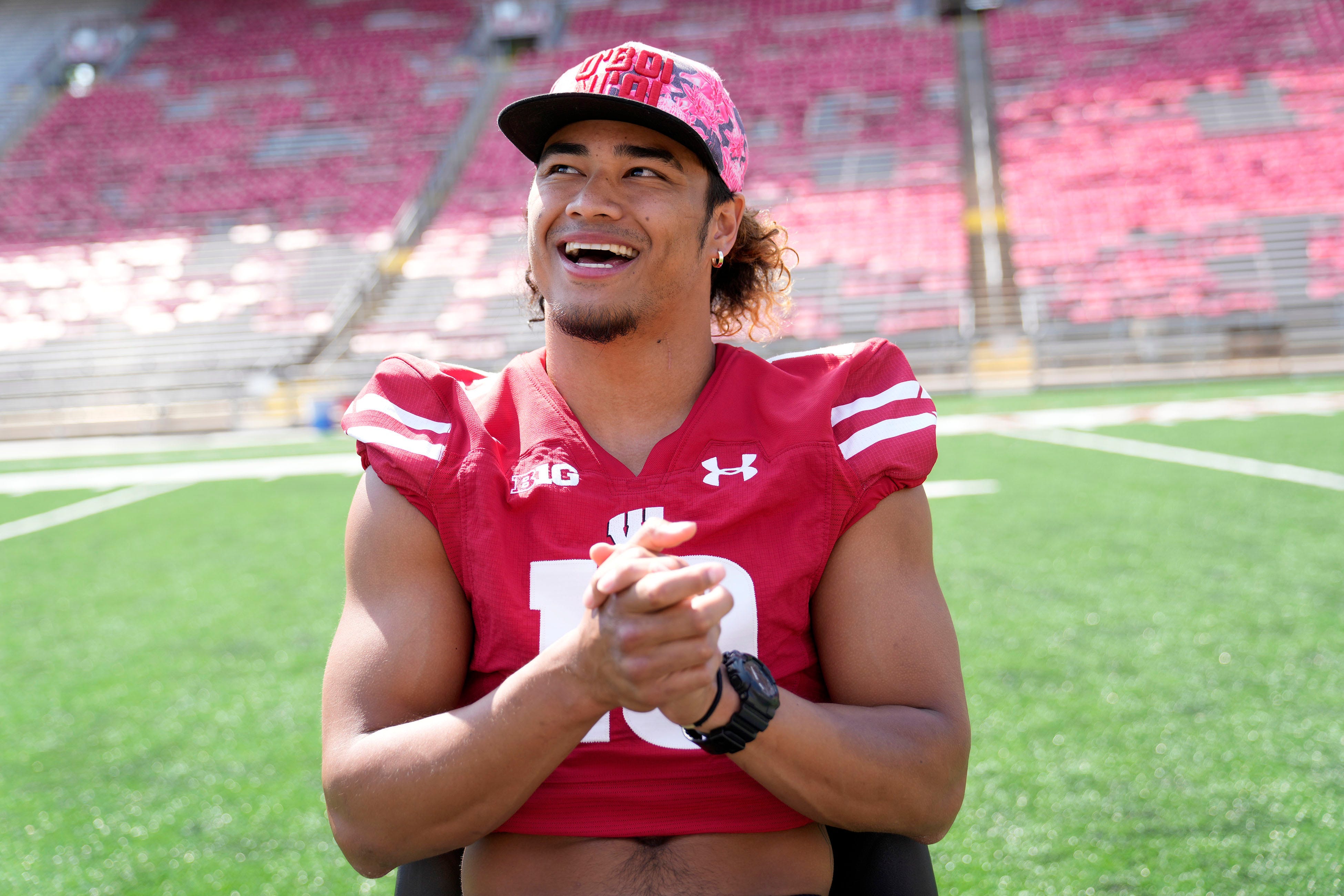 Wisconsin Badgers safety Kamo'i Latu smiles as he answers questions from the media as part of Wisconsin Badgers menâs football media day at the McClain Center in Madison on Tuesday, Aug. 2, 2022. Photo by Mike De Sisti / The Milwaukee Journal Sentinel