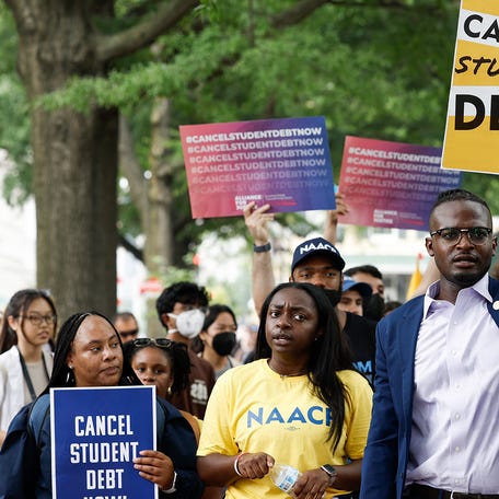 People for student debt relief demonstrate in front of the White House after the U.S. Supreme Court struck down President Biden's student debt relief program on June 30, 2023 in Washington, DC.