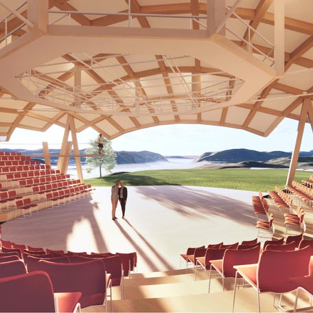 A rendering of the new permanent home of Hudson Valley Shakespeare Festival, designed by Jeanne Gang of Studio Gang, shows the timber-frame open-air pavilion that will take shape on the former grounds of Garrison Golf Course. The theater will have commanding views of the Hudson River and Storm King Mountain to the North, on land gifted by philanthropist Chris Davis.