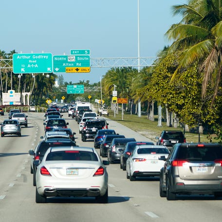 Traffic near a causeway to Miami Beach, Fla., on Friday, May 28, 2021. (AP Photo/Wilfredo Lee) ORG XMIT: FLWL109