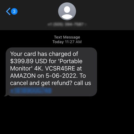 An example of an Amazon impersonation scam via text message asking a consumer to contact them on the phone. Amazon suggests contacting them through their website or app.