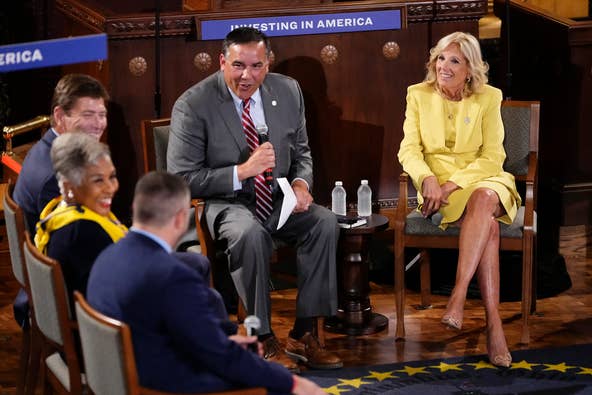 Jul 12, 2023; Columbus, OH, USA; Columbus mayor Andrew Ginther and First Lady Jill Biden speak to, from left, Columbus State president David Harrison, Rep. Joyce Beatty and Intel director of state government affairs Kevin Hoggatt during the launch of the Investing in America Workforce Hub at Columbus City Hall. In addition to the Columbus stop, the First Lady will also visit the other two Investing in America Workforce Hubs in Augusta and Pittsburgh.