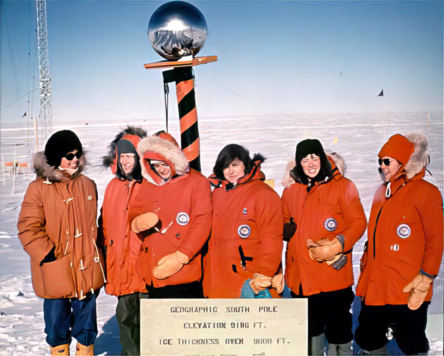 On Nov. 12, 1969, the first six women to set foot on the South Pole were, from left, Pam Young, Jean Pearson, Terry Tickhill Terrell, Lois Jones, Eileen McSaveney and Kay Lindsay.