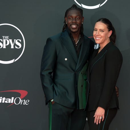 Jul 12, 2023; Los Angeles, CA, USA; Jrue Holiday and Lauren Holiday arrive on the red carpet before the 2023 ESPYS at the Dolby Theatre. Mandatory Credit: Kirby Lee-USA TODAY Sports