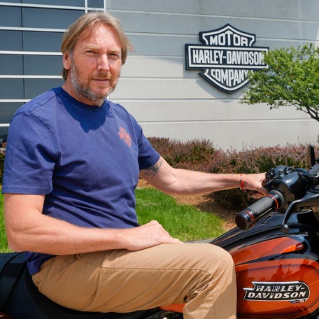 Harley-Davidson CEO Jochen Zeitz seen with the 2023 CVO Road Glide motorcycle  at the Harley-Davidson Product Development Center in Wauwatosa.