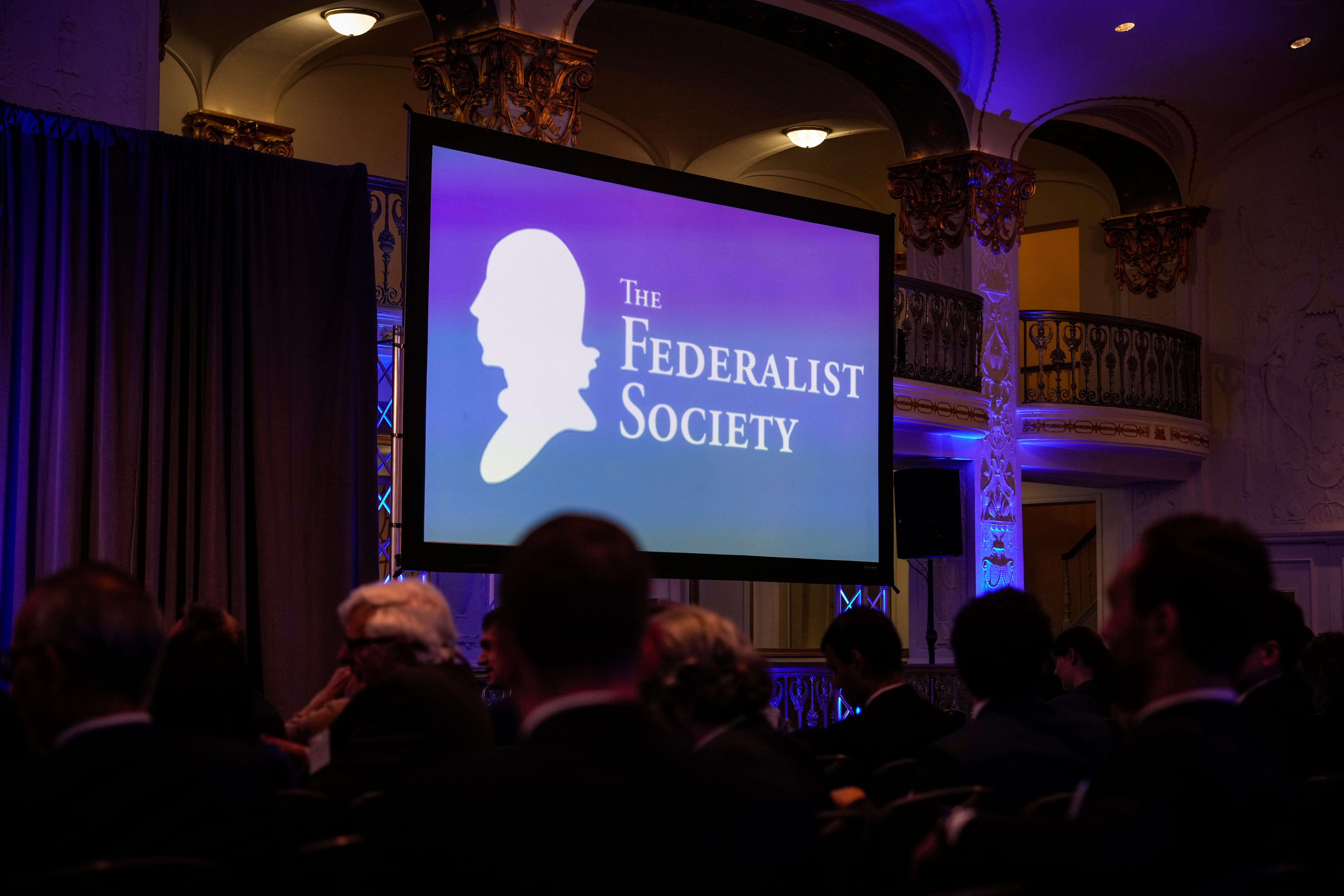 Guests in the audience await the arrival of U.S. Vice President Mike Pence during the Federalist Society's Executive Branch Review Conference at The Mayflower Hotel April 25, 2023 in Washington, D.C.