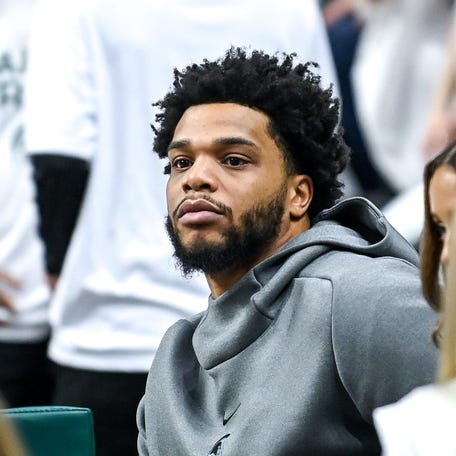 Former Michigan State basketball player Miles Bridges looks on during the first half in the game against Indiana on Tuesday, Feb. 21, 2023, at the Breslin Center in East Lansing.