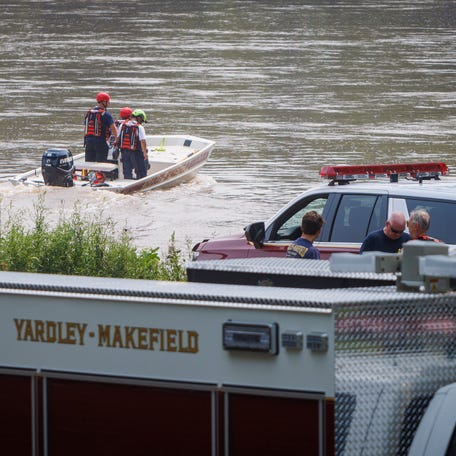 Yardley Makefield Marine Rescue leaving the Yardley Boat Ramp along N. River Road heading down the Delaware River on Monday morning July 17, 2023, in Yardley, Pa. Search and rescue units are looking for two lost children caught in flood waters Saturday. (Alejandro A. Alvarez/The Philadelphia Inquirer via AP) ORG XMIT: PAPHQ701