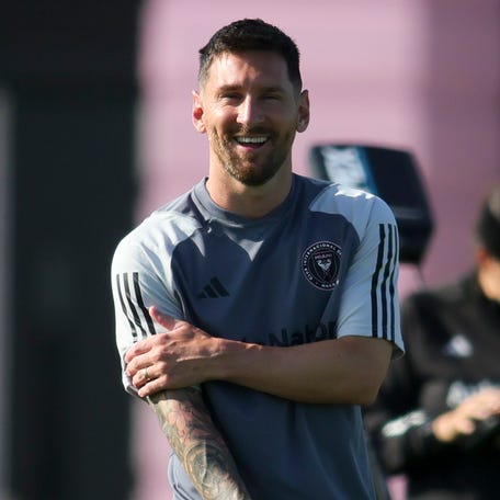 Lionel Messi looks on during his first Inter Miami CF practice with at Florida Blue Training Center.
