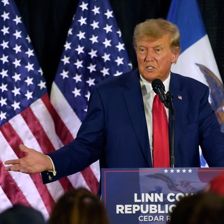 Former President Donald Trump speaks to campaign volunteers in Cedar Rapids, Iowa, on July 18, 2023.