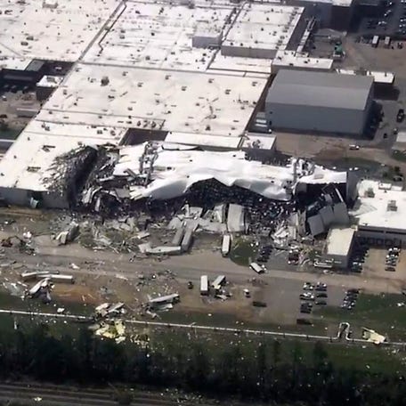The Pfizer plant is damaged after severe weather passed the area on Wednesday, July 19, 2023 in Rocky Mount, N.C.  (WTVD via AP)