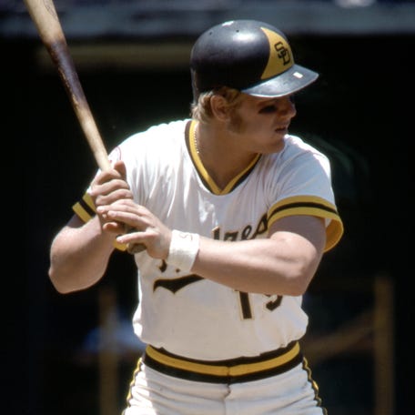 In this file photo, San Diego Padres first baseman Mike Ivie bats during the 1976 season.