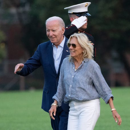 President Joe Biden and first lady Jill Biden arrive at Fort Lesley J. McNair from Camp David, Sunday, July 16, 2023, in Washington. (AP Photo/Manuel Balce Ceneta) ORG XMIT: DCMC105