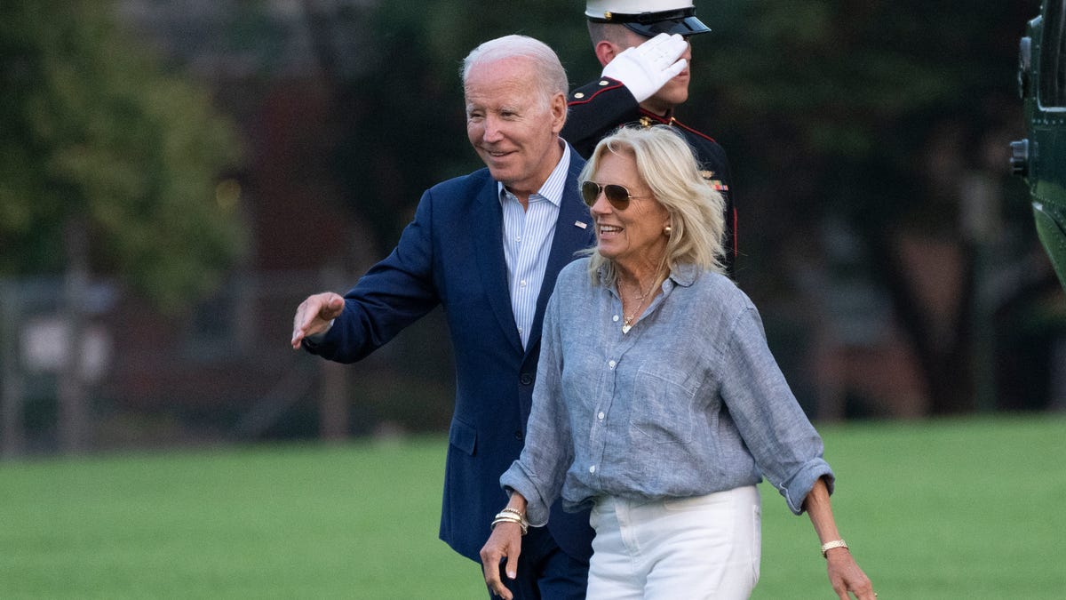President Joe Biden and first lady Jill Biden arrive at Fort Lesley J. McNair from Camp David, Sunday, July 16, 2023, in Washington. (AP Photo/Manuel Balce Ceneta) ORG XMIT: DCMC105