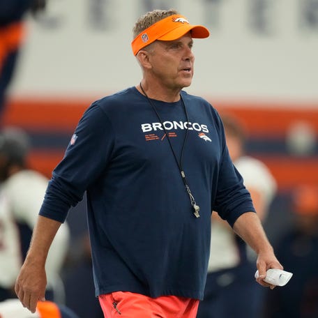 Denver Broncos head coach Sean Payton takes part in drills during a mandatory NFL football minicamp at the Broncos' headquarters Tuesday, June 13, 2023, in Centennial, Colo.
