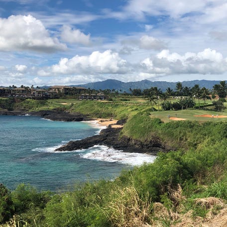 In this Nov. 15, 2018 photo, the 14th hole at the Hokuala Ocean Course in Lihue, Hawaii cuts across the Pacific Ocean on the east side of Kauai.