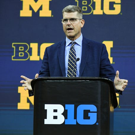 Michigan coach Jim Harbaugh speaks to the media during Big Ten football media days on Thursday, July 27, 2023, in Indianapolis.