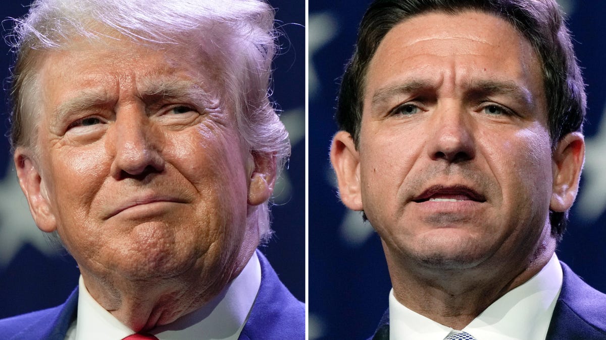 This combination of photos shows Republican presidential candidates former President Donald Trump, left, and Florida Gov. Ron DeSantis at the Republican Party of Iowa's 2023 Lincoln Dinner in Des Moines, Iowa, Friday, July 28, 2023. (AP Photo/Charlie Neibergall) ORG XMIT: WX206