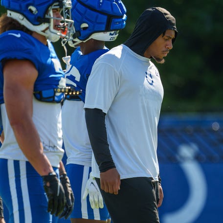 Indianapolis Colts running back Jonathan Taylor (28) stands near other running backs during drills Monday, July 31, 2023, during training camp at the Grand Park Sports Campus in Westfield, Indiana.