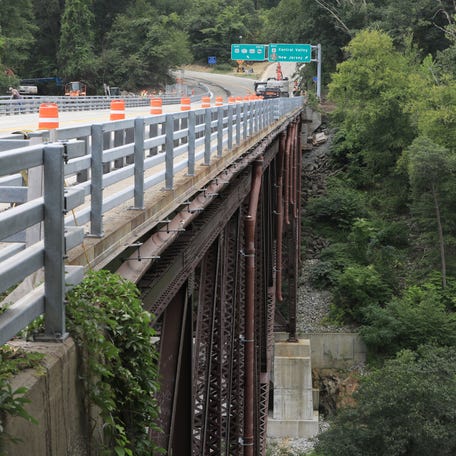 New York State DOT crews prepare for the reopening of the Popolopen Bridge in Fort Montgomery on August 4, 2023. Severe rain and flooding in early July damaged the bridge footings. 