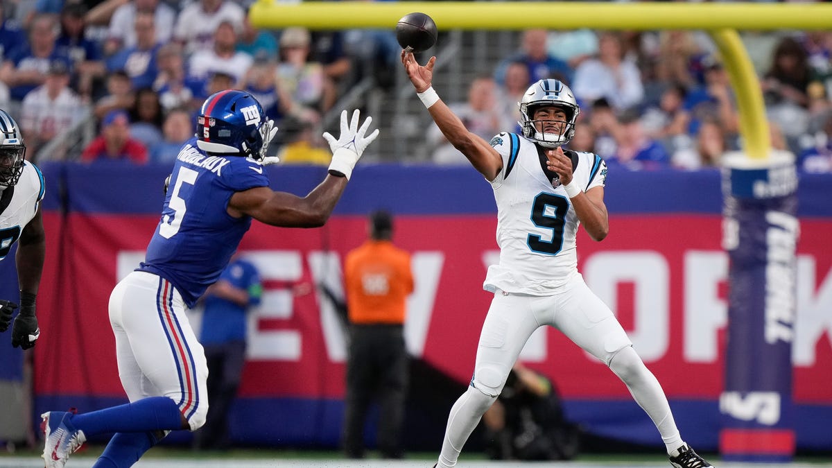 Carolina Panthers quarterback Bryce Young throws the ball during the first half of an NFL preseason football game against the New York Giants, Friday, Aug. 18, 2023, in East Rutherford, N.J.